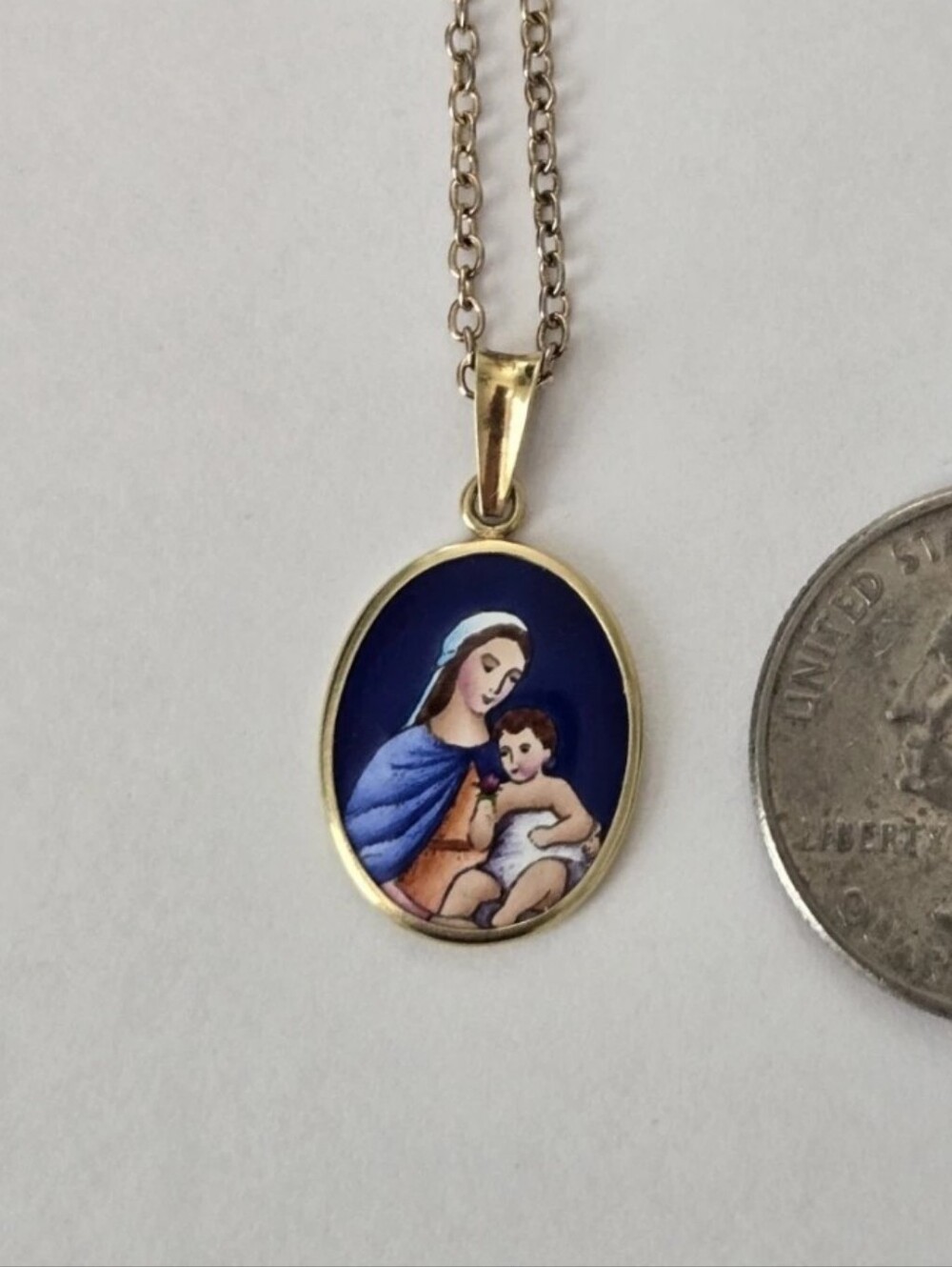 RK Gold Blue Enamel Madonna and Child/Madonky/Monastic Pendant Necklace